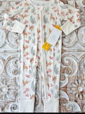 Organic Cotton and Bamboo Deer Print Convertible Zippy One-Piece - White / Tan